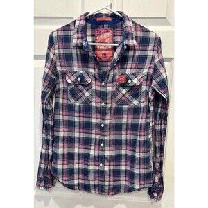 Superdry Sheer Calamity Womens‎ Medium Button Down Shirt Long Sleeve Pink Plaid